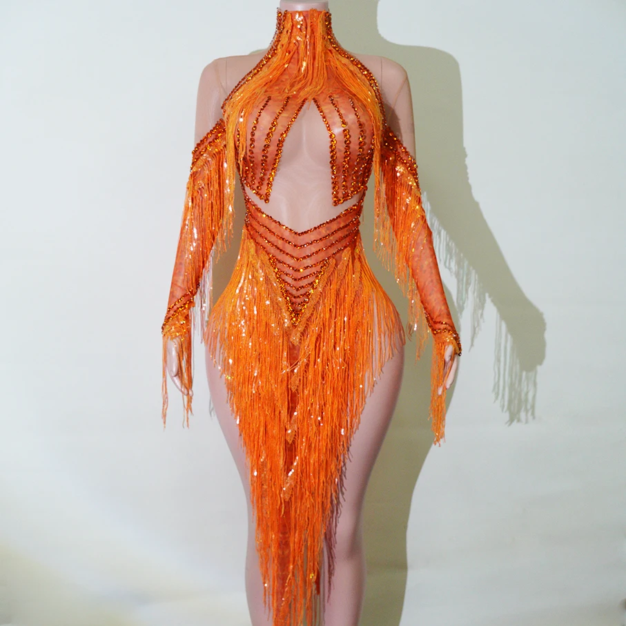Orange Sequin Fringe Bodysuit – Dance Costume